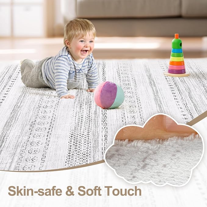kakania Washable 10x12 Area Rug for Living Room: Boho Geometry Home Decor | Soft Stain Resistant, Low-Pile, Non-Slip, Pet & Kid Friendly, Thin Rug for Bedroom/Dining Room/Kids Dorm - Grey