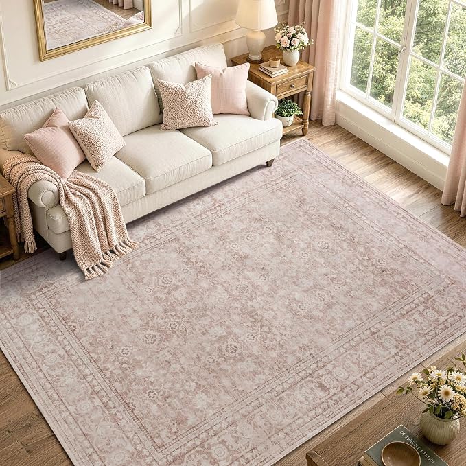 4x6 Ft Area Rugs for Living Room, Soft Non-Slip Machine Washable Rug, Vintage Stain Resistant Carpets for Bedroom Nursery Dining Room Home Decor (Grey Pink)