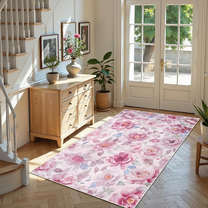 Lahome Pink Floral Area Rug 3x5 for Bathroom and Bedroom | Non-Slip Entryway Rug, Ultra-Thin Washable Stain Resistant Boho Throw Rug for Vanity