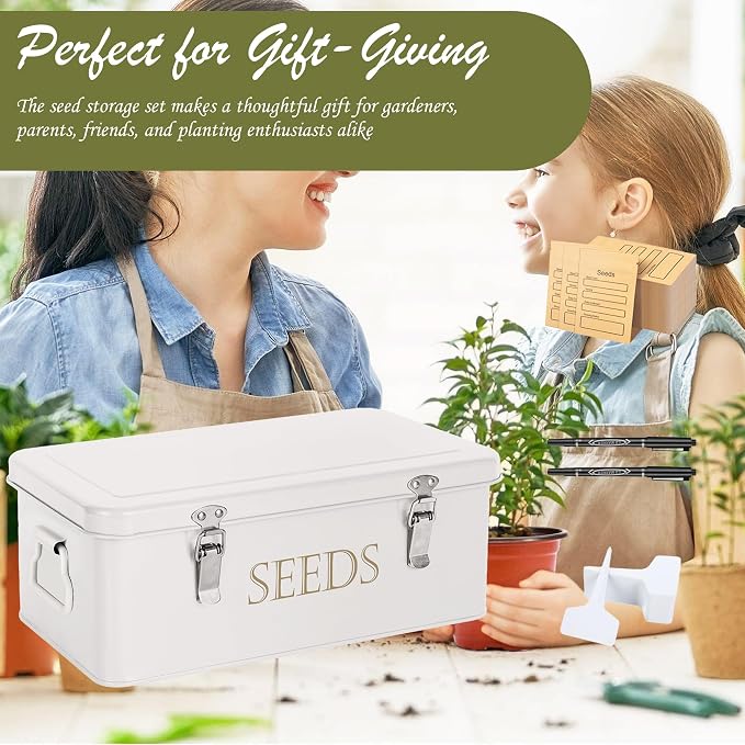 ECOPARK Seed Storage Box, Professional All-in-one Kit with 2 Pens, 20 Plant Labels and 50 Seed Envelopes, Metal Storage Organizer, Saving Box, Seed Packet Container, Large, White