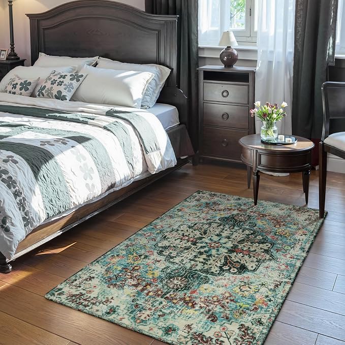 Lahome Reine Bohemian Floral Medallion Area Rug - 3x5 Washable Bedroom Rug Entryway Mat, Non Slip Pet Friendly Turkish Nursery Carpet for Kitchen Sink Camper Couch Living Dining Room Office Hardwood