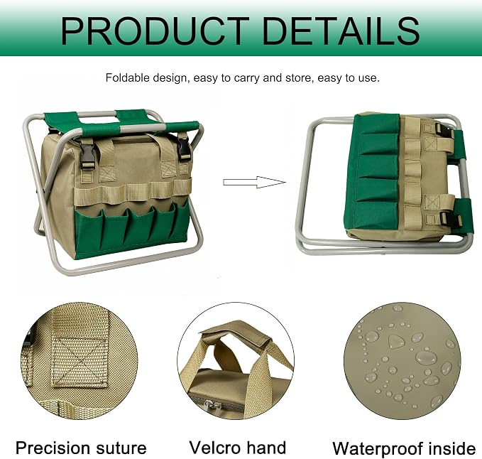 Folding Gardening Stool with Detachable Storage Tote Bag, Portable Garden Seat for Elderly Seniors, Heavy Duty Garden Chair for Gardening, Fishing, Camping, Outdoor & Indoor Use (Green+Khaki)
