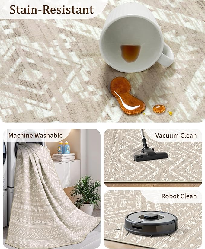 Miukiki 5x7 Washable Area Rug for Living Room, Soft Non Slip Rug Brown | Non-Slip Thin Throw Rug for Bedroom Kitchern Dining Room Office, Low Pile Indoor Floor Carpet with Vintage Pattern 5'x7'