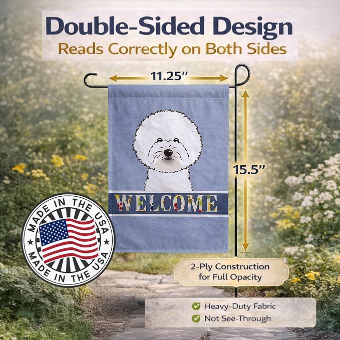 Caroline's Treasures BB1403GF Bichon Frise Welcome Garden Flag, Blue Mailbox Flag Decorative Yard Flag Banner Outside Patio Artwork Yard Flower Beds, Garden Size, Multicolor