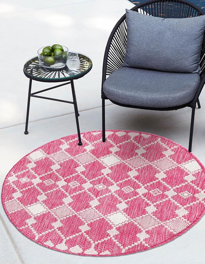 Unique Loom Outdoor Trellis Collection Area Rug - Traliccio (4' 1" Round, Magenta/ Ivory)
