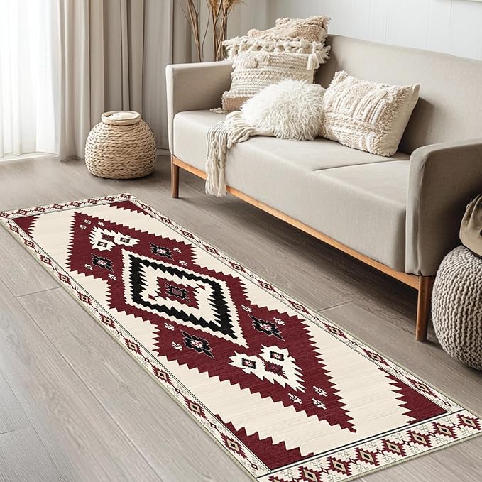 Western 2x6 Runner Rugs for Hallway Southwestern Kitchen Area Rug | Washable Southwest Area Rug Low Pile Non-Slip Navajo Aztec Tribal Long Carpet for Kitchen Doorway Laundry, Beige Red