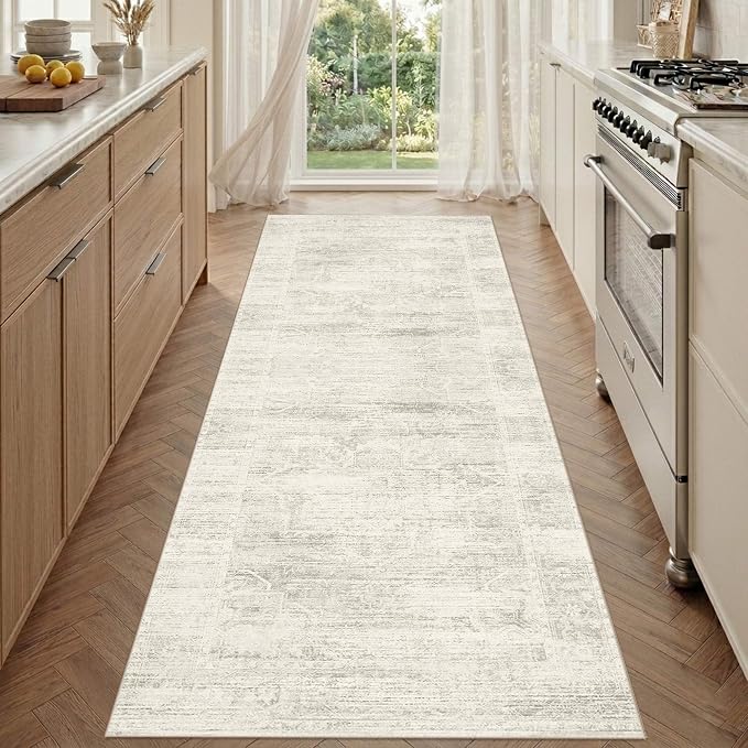 Latte&Fog 2.6x8 Washable Hallway Runner Ivory Rug for Kitchen Non Slip | Low Pile Soft Cute Throw Rug Doormat for Entrance Bathroom Laundry Bedside Bedroom Nursery Playroom Hallyway Dorm Office