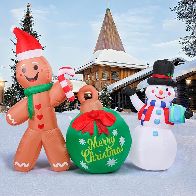 MUMTOP Inflatable Gingerbread Man-Christmas Inflatable Outdoor Decoration - 6.3 FT Gingerbread and Snowman Inflatables with Ball Blow Up Lighted Holiday Displays for Garden Yard Outside Decor
