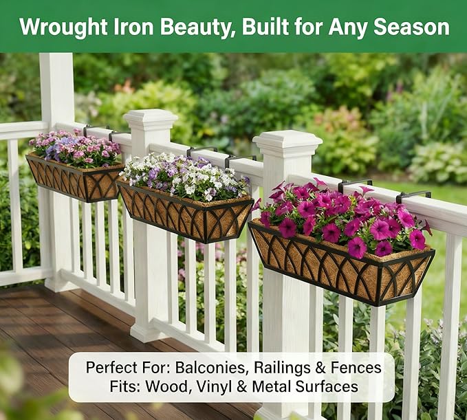 Y&M Hanging Railing Planter Boxes 2 Pack, 24 Inch Adjustable Balcony & Deck Planter, Heavy Duty Metal Flower Box for Porch, Fence & Window, Outdoor Plant Holder