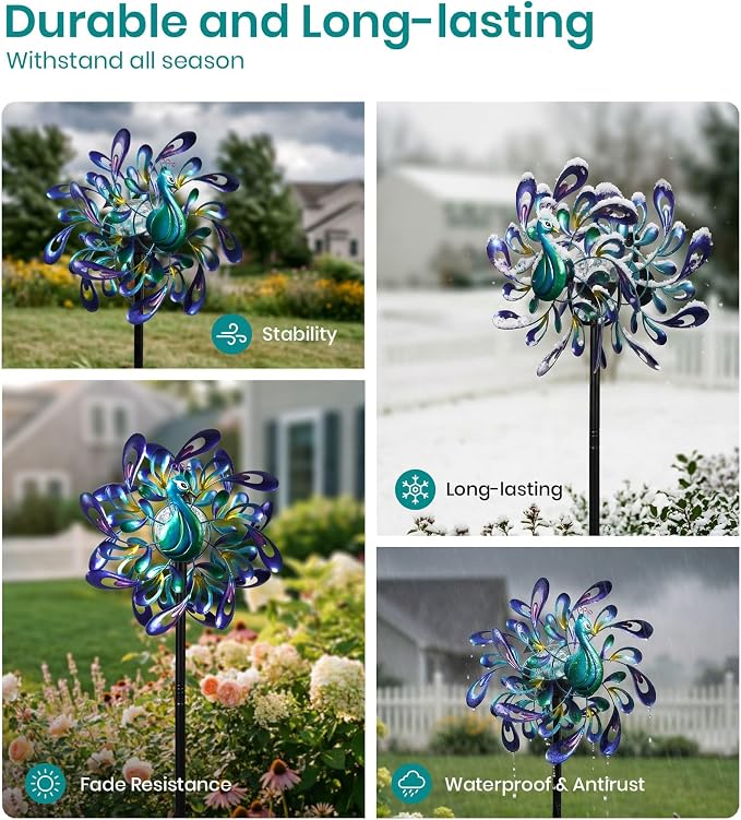 Peacock Wind Spinner Metal Kinetic Turquoise Green Garden Yard Art | Hand-Crafted, Shimmering turquoise metal peacock sculpture, Auto-glow solar crackle ball, Stable 5-prong stake