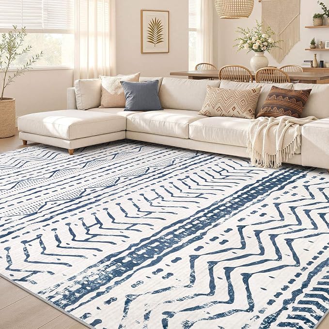Nakagishi Boho 5x7 Area Rug Living Room Rugs Machine Washable Navy Blue | Soft, Pet & Kid Friendly, Carpet for Living Room/Bedroom/Office/Kitchen/Nursery, Daily Home Decor Stain Resistant Moroccan