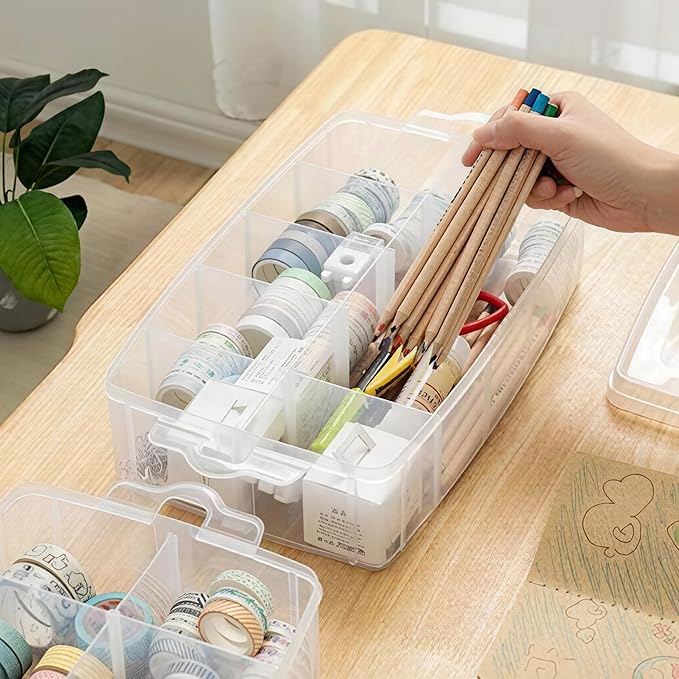 Sooyee 3-Layer Things & Crafts Storage Box, Large | 30 Adjustable Compartments, For Washi Tape, Embroidery Accessories, Threads Bobbins, Kids Toy, Nail Polish, Jewelry