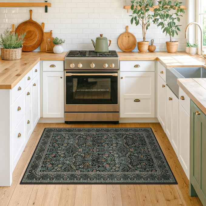 3x5 Washable Area Rugs for Entryway Indoor, Large Kitchen, Low Pile Rugs for Mudroom Bedroom Laundry Room Floor Mat Non Slip Stain Resistant, Dark Green Moody Carpet