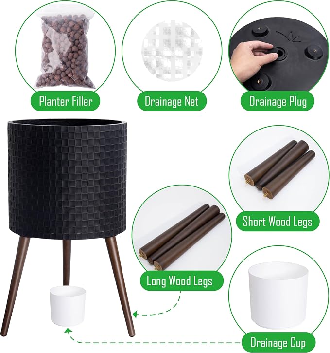 D'vine Dev 16 Inch Modern Geometric Tile Patterned Sleek Planter Pot with Stand, Indoor Outdoor Decorative Plant Holder, Distressed Black, 88-Z-E-5