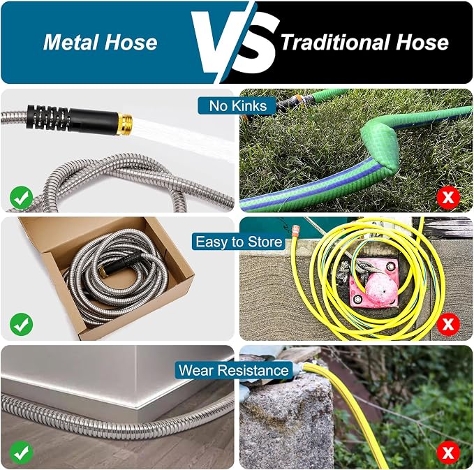 Metal Garden Hose 25 ft x 5/8 in OD with 10 Pattern Sprayer Nozzle, Stainless Steel Water Hose, Non Expandable Flexible Kink Resistant Heavy Duty Hose for Yard, Car Washing and Pet Bath