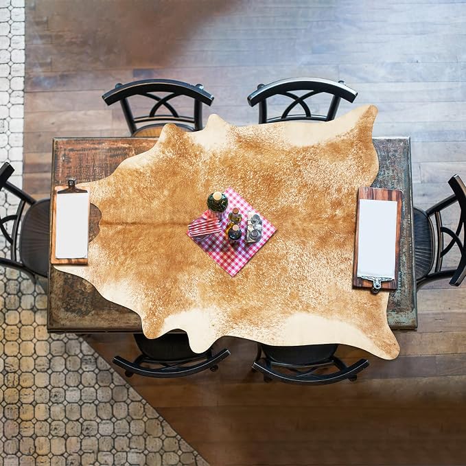 Faux Cowhide Rug 4x5 ft, Washable Non Slip Animal Print Area Rug, Khaki Brown Cow Hide Shaped Carpet for Living Room Bedroom Office Fireplace, Rustic Western Farmhouse Decor Cruelty Free