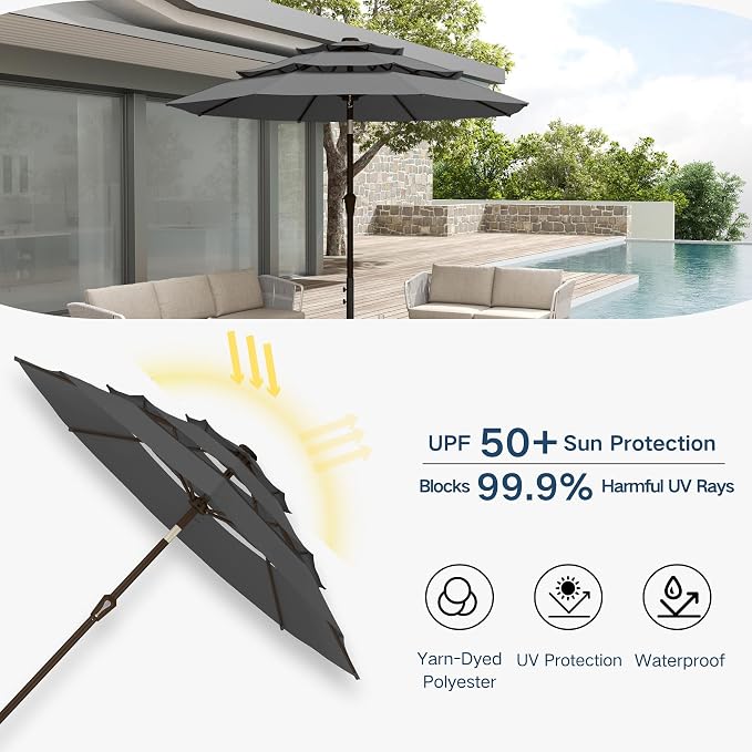 10FT Patio Umbrella 3 Tiers Outdoor Market Umbrella w/Push Button Tilt, Crank, UV and Waterproof Table Umbrella for Garden, Pool, Backyard, Deck, Lawn, Grey