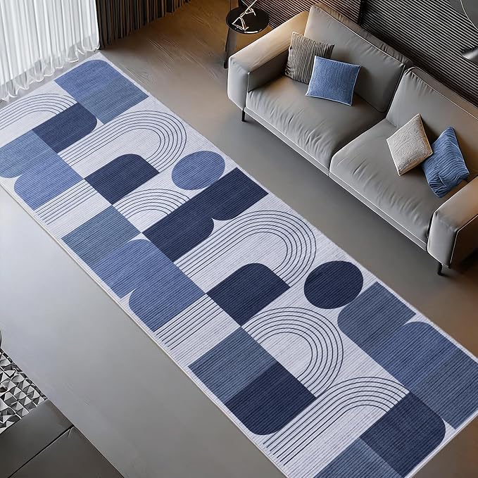 Soft Modern Geometric Abstract Machine Washable 2.7x8 Runner Rug | Blue Rugs for Bedroom Living Room, Non-Shedding Faux Wool Indoor Throw Floor Carpet for Office Entryway Dining Room Decor