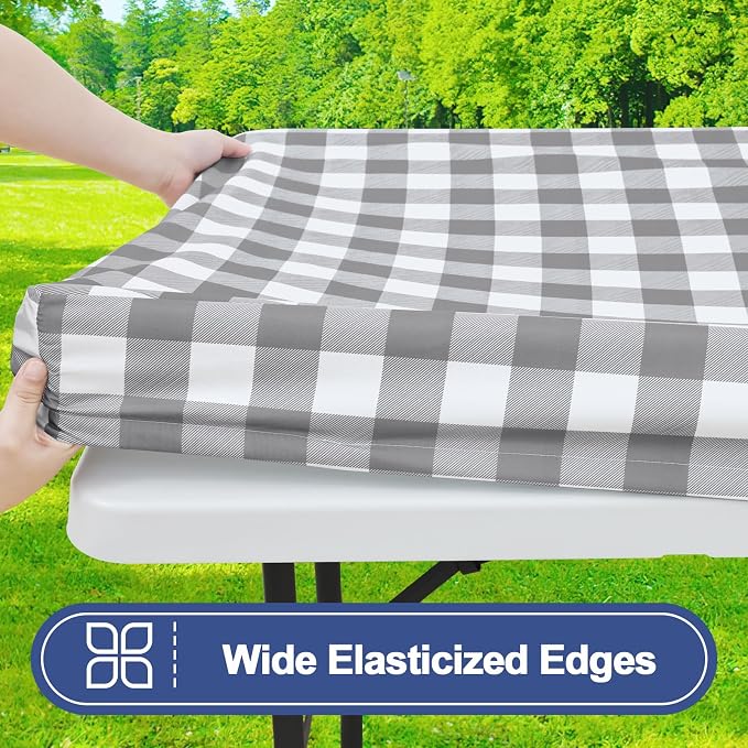 Smiry Picnic Table Cover with Bench Covers, Waterproof Elastic Fitted Tablecloths for 8 Foot Rectangle Tables, Washable Buffalo Plaid Tablecloth for Camping, Outdoor (Grey & White, 30"x96")