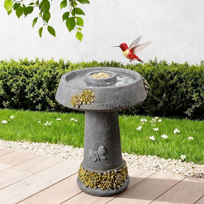 Bird Bath and Bird Feeder for Garden, 24" Resin Outdoor Fountain with 3D Butterfly & Petal Relief, Weather-Resistant Pedestal Water Feature for Yard, Patio, and Lawn Decor (Grey)
