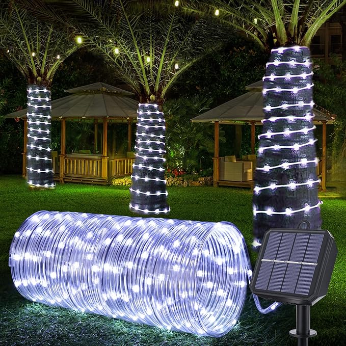 Jnaurb Solar Rope Lights, 66ft 200LED Solar String Lights, 8 Modes Waterproof Solar Outdoor Light, Flexible Clear Trampoline Light for Garden Backyard Patio Deck Porch Pool Tree Decor - White