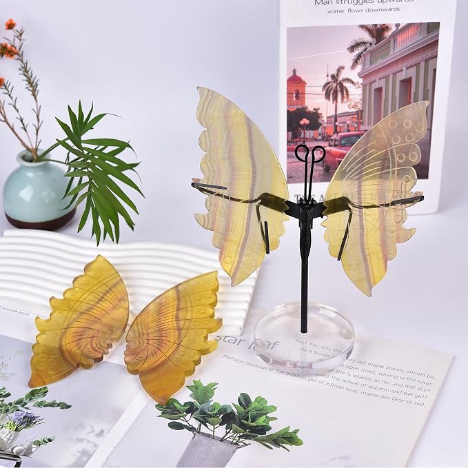 JIC Gem Large Yellow Fluorite Crystal Butterfly Art Cute Gemstone Butterfly Decorative Yellow Crystal Butterfly Wings with Stand Reiki Healing and Crystal Grid Meditation Decor Gifts (1pair, 17-18cm)