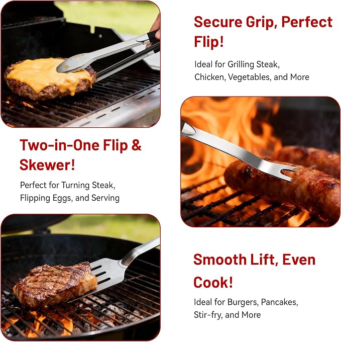 KEYO GRILL Heavy-Duty Stainless Steel Grilling Accessories, Professional Grill Utensils Set with Spatula, Fork & Tongs, Ideal BBQ Set Grilling Tools for Outdoor Grill, Gifts for Men Dad