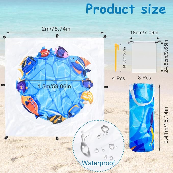 6.6 X 6.6 Ft Baby Beach Pool, 2 in 1 Portable Kids Beach Play Pool Puddle Toddler Beach Blanket and Kiddie Pools Blue Cartoon Childs Sand Pit Paddling Pools with Water Bag for Boy Girl Outdoor Camping