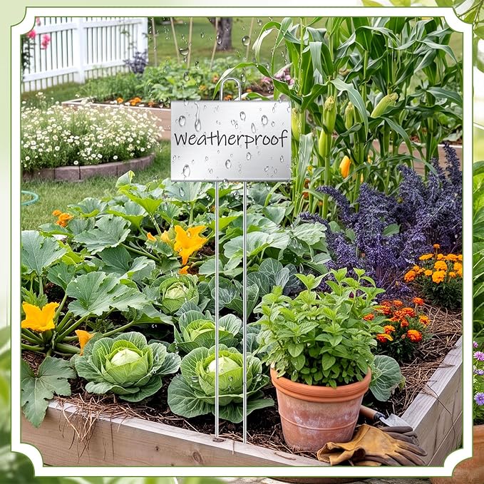Landhoow 12 Pcs Large Garden Plant Markers Metal Plant Labels Sign 4'' x 6'' with 21'' Stake Weatherproof Waterproof Garden Sign for Outdoor Tree Seedlings Herbs Vegetable Greenhouse, Silver