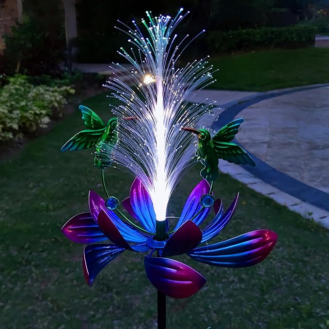 Solar Hummingbird Wind Spinners, Solar Firework Lights Garden Décor, Metal Lotus Flower Windmill Colour Changing Optical Fiber Lights Yard Decoration, Outdoor Wind Sculpture for Lawn Patio,Balcony