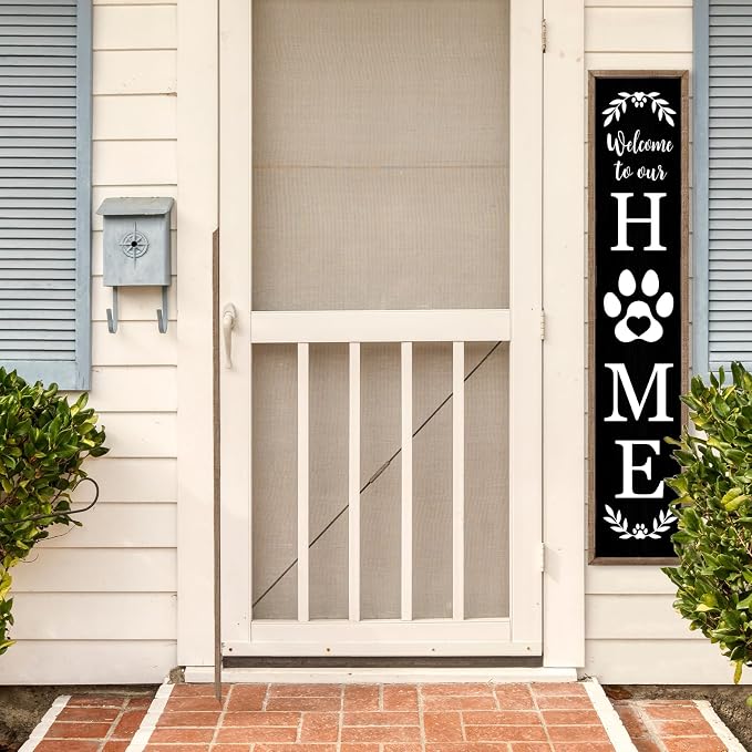 Welcome To Our Home Sign for Front Porch Standing 45X9 Farmhouse Outdoor Front Door Dog Paw Welcome Print Large Rustic Wooden Framed Long Outside Tall Vertical Hanging Decor (Wood Black)