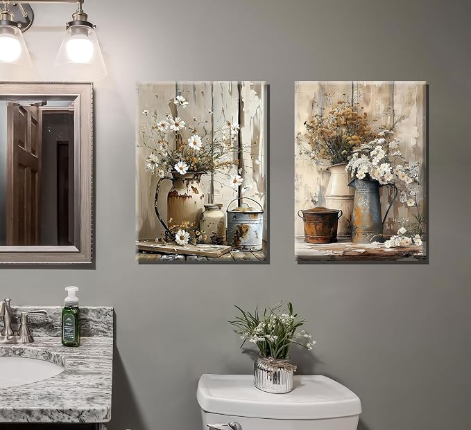 Vintage Farmhouse Theme Bathroom Canvas Wall Art Bathtub With Flowers Poster Print Painting Rustic Farmhouse Window Wall Decor Sunlit Floral Bathroom Pictures Artwork for Toilet Restroom Decoration