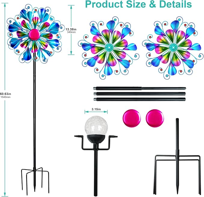Solar Wind Spinner Outdoor Metal - Peacock Kinetic Garden Sculptures with Color-Changing LED Lights, Waterproof Wind Catchers Yard Art Decor for Patio Lawn, for Women