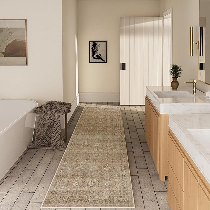 Machine Washable Runner Rugs for Entryway: 2'6"x8' Kitchen Runner Rug with Rubber Backing Non Slip Low Pile Soft Faux Wool Boho Carpet Runners for Hallways Bedroom Living Room Farmhouse Indoor