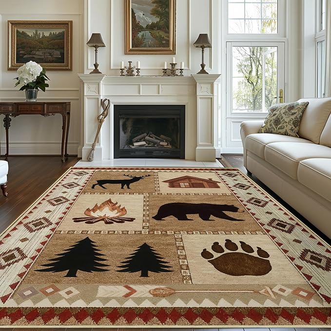 Area Rug 5x7 Rustic Cabin Bear Deer Rug Lodge Country Farmhouse Wildlife Rugs for Living Room Southwesten Machine Washable Non-Slip Printed Low-Pile Indoor Carpet for Bedroom Dining Room Office