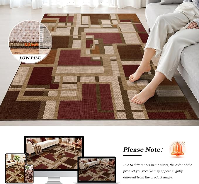 Modern Geometric 8x10 Area Rugs for Living Room, Red Brown Washable Rug | Contemporary Patchwork Blocks Non-Slip Indoor Carpet for Bedroom Dining Room Office | Abstract Soft Low-Pile Large Rug