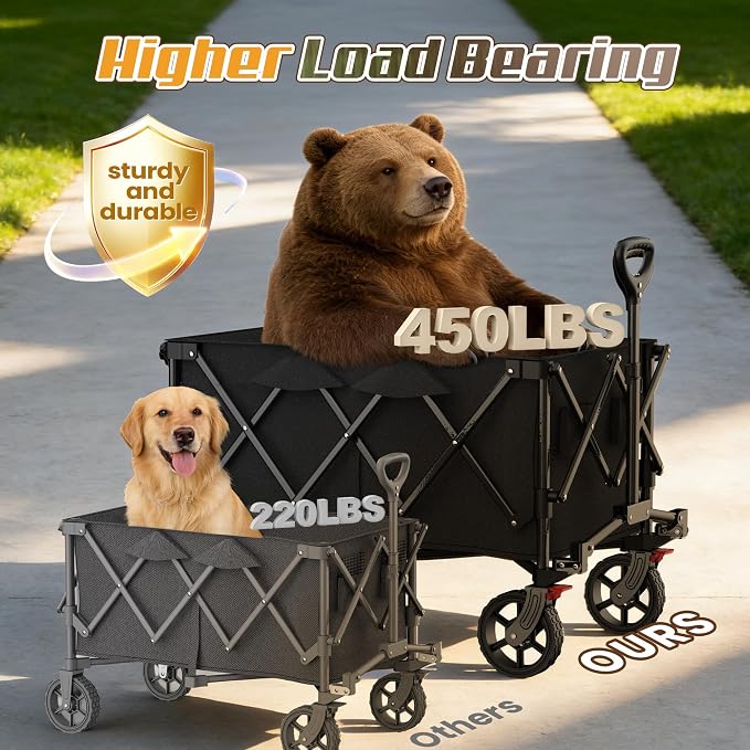 Wagons Carts Foldable,Collapsible Wagon with Wheels,450LBS Heavy Duty Beach Wagon Cart,Lightweight Portable Folding Utility Wagon Cart with Cup Holders for Camping, Garden, Sports, Grocery pcs (Gray)