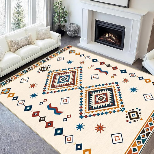 Moroccan Rug 4x6 Area Rug Boho Geometric Western Tribal Rug Soft Southwestern Washable Rugs Non Slip Low Pile Carpet for Living Room Bedroom Dining Room Home Office