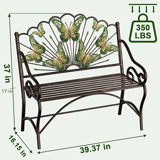 39.7" Arched Back Garden Bench, Metal Outdoor Bench with Scalloped Butterfly Pattern Backrest, Heavy Duty Patio Loveseat with Armrests & Slatted Seat for Front Porch, Backyard, Lawn & Park, Black