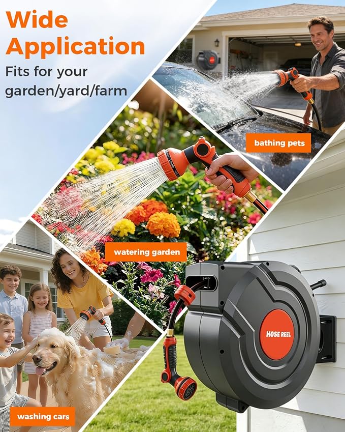 Retractable Garden Hose Reel,Wall Mounted 115 ft 5/8 Inch Automatic Rewind, Any-Length Lock, 9-Pattern Sprayer, 180° Swivel, Durable Water Hose Reel for Yard and Home