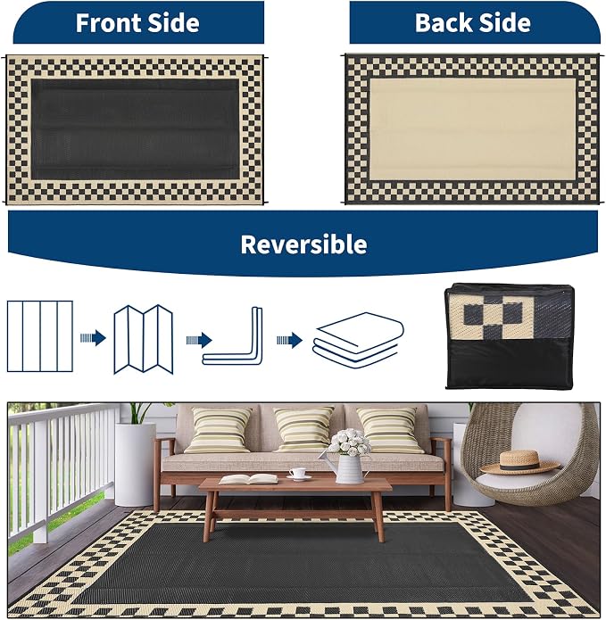Outdoor Rug 8x10 Waterproof Patio Rugs Modern Geometric Border Reversible Mat for Front Door Rv Foldable Plastic Straw Carpet for Travel Trailers, Deck, Camper, Balcony, Beach，Black/Coffee
