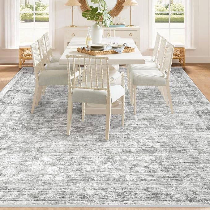 8x10 Area Rugs for Living Room: Washable Large Vintage Floral Rug Low Pile Non-Slip Boho Carpet for Bedroom Dining Home Office (Grey, 8'x10')