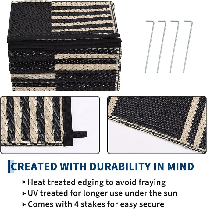 Garvee Waterproof Outdoor Rug 5x8, Checkered Foldable Plastic Straw Patio Camping Rug, Outdoor RV Carpet for Deck Camper Porch Balcony Backyard Picnic Beach Black and Brown