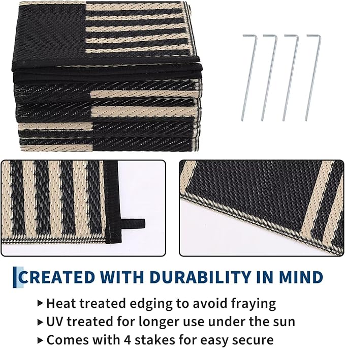 Garvee Waterproof Outdoor Rug 10x20, Checkered Foldable Plastic Straw Patio Camping Rug, Outdoor RV Carpet for Deck Camper Porch Balcony Backyard Picnic Beach Black and Brown