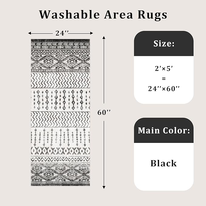Art&Tuft 2x5 Runner Rug Non Slip, Washable Rug Runners for Hallways,Black | Low Pile, Moroccan Soft & Lighweight, Folable, Stain Resistant 5ft Carpet Runners for Entryway,Kitchen,Living Room,Bedroom