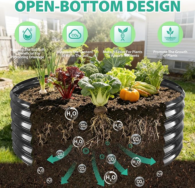 YSEJOMP 17" Tall Round Outdoor Garden Raised Garden Bed Kits-0.8MM Thick Metal Raised Planter Bed/Ground Planter Box for Variety of Flowers,Herbs,Vegetables,Trees (Black, 48 Dia X 16.5inches)