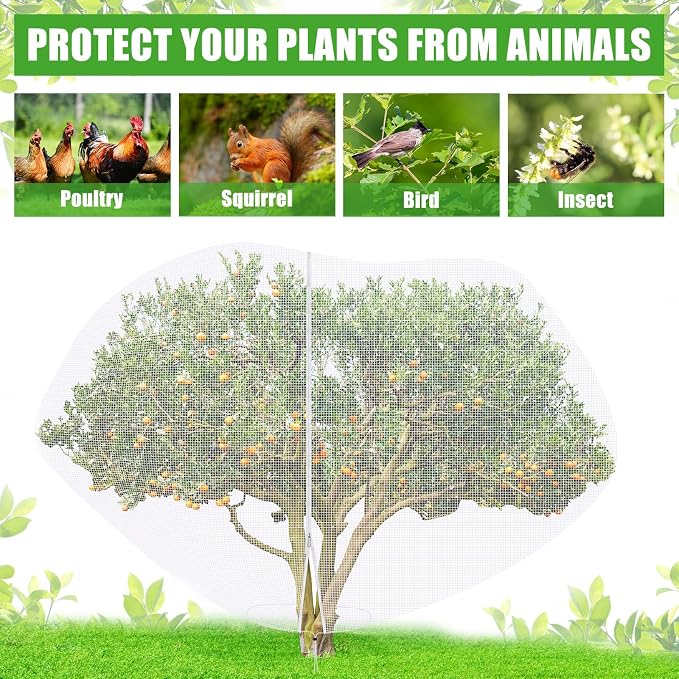 2 Pcs 15 x 15 ft Large Fruit Tree Netting for Protecting Fruit from Squirrels Birds Bug Deer & Rat Garden Mesh Netting with Zipper and Drawstring for Blueberry Peach Apple Garden Bushes