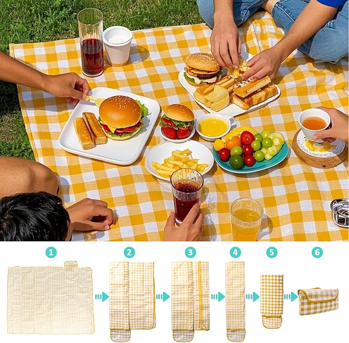 Coldcool Outdoor Picnic Blanket, Extra Large Beach Blanket, Waterproof Sand Proof Foldable Portable Picnic Mat for Outdoor Camping Hiking Travel Grass Music Festival Lawn Mats, 80" x 60", Yellow