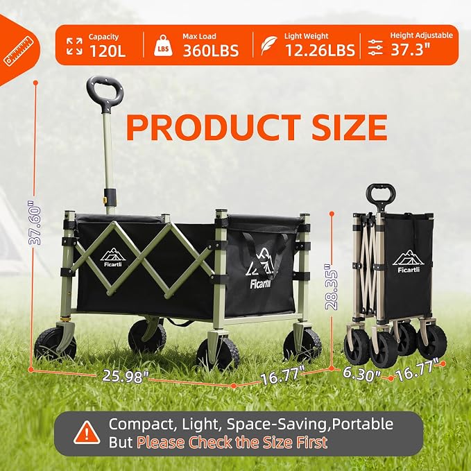 Collapsible Wagon 360LBS Heavy Duty Foldable Utility Cart | Beige Anti-Rust Frame, Black 600D Fabric Removable Liner, Tempered PU All-Terrain Wheels, Fold for Camping Garden Grocery