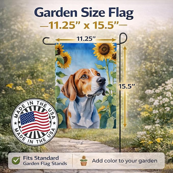 Caroline's Treasures DAC6074GF English Foxhound in Sunflowers Garden Flag Mailbox Flag Decorative Yard Flag Banner Outside Patio Artwork Yard Flower Beds, Garden Size, Multicolor